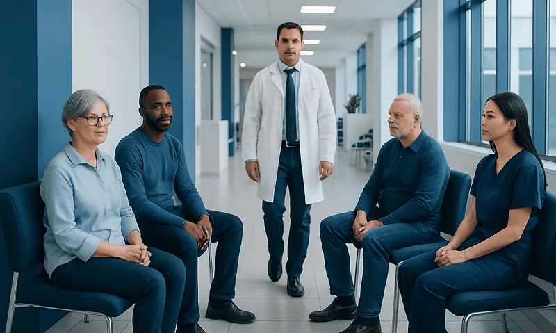 Doctor consulting with diverse group of patients in hospital corridor.