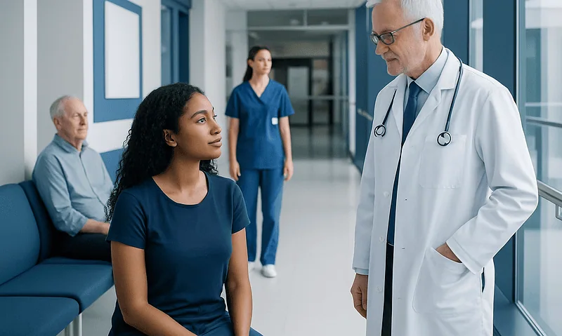 Doctor consulting young woman patient in hospital corridor.
