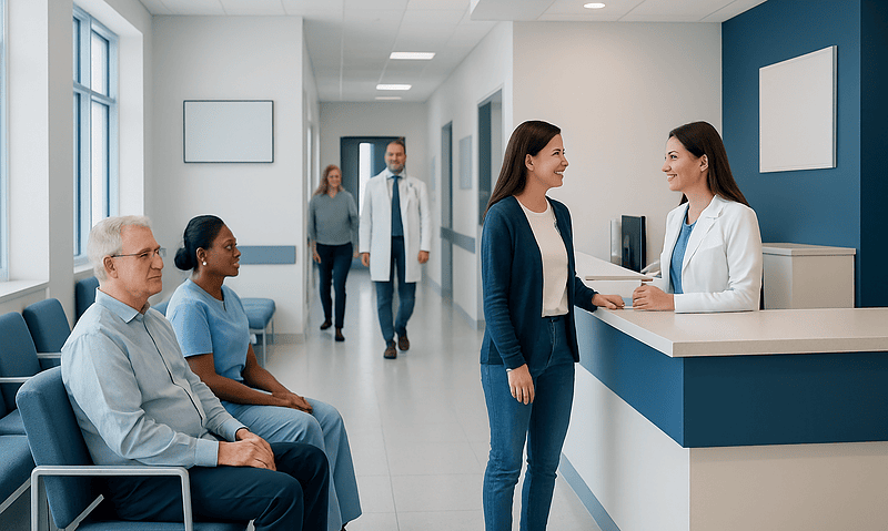 Hospital reception with staff and patients in a modern healthcare facility.