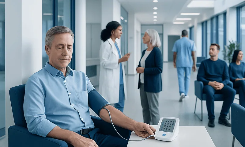 Patient having blood pressure checked at a hospital clinic.