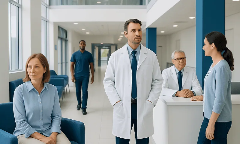 Medical professionals and patients in a hospital waiting area.