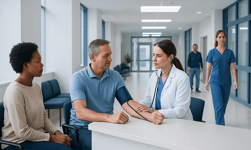 Doctor measuring patient's blood pressure in hospital corridor.