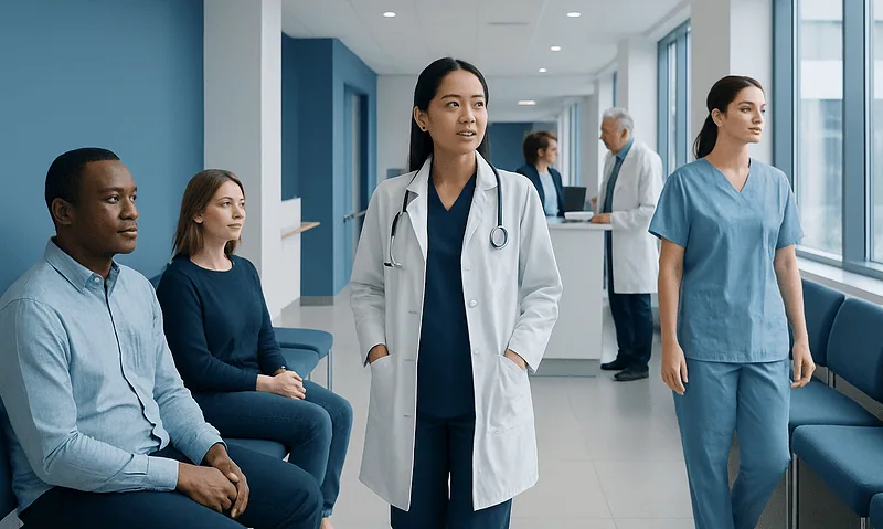 Medical professionals and patients in a hospital corridor at Acibadem Hospitals Group.