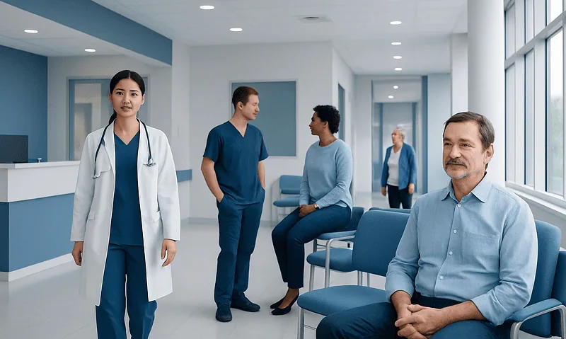 Medical staff and patients in a modern hospital waiting area.