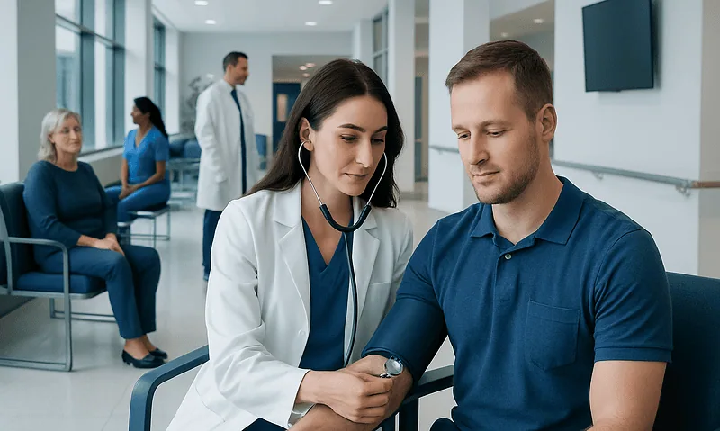 Doctor measuring patient's blood pressure in hospital corridor.