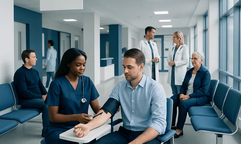 Patient's blood pressure being checked by nurse in hospital corridor.