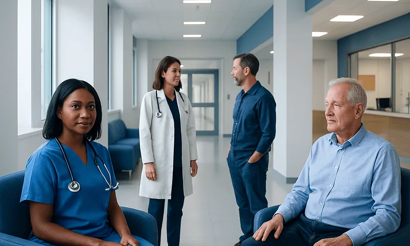 Medical professionals and patient in a hospital corridor.