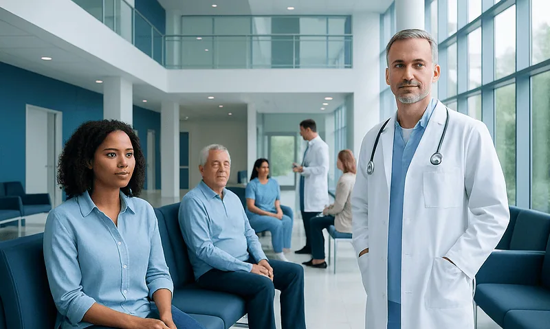 Medical team at a hospital waiting area with doctor and patients.