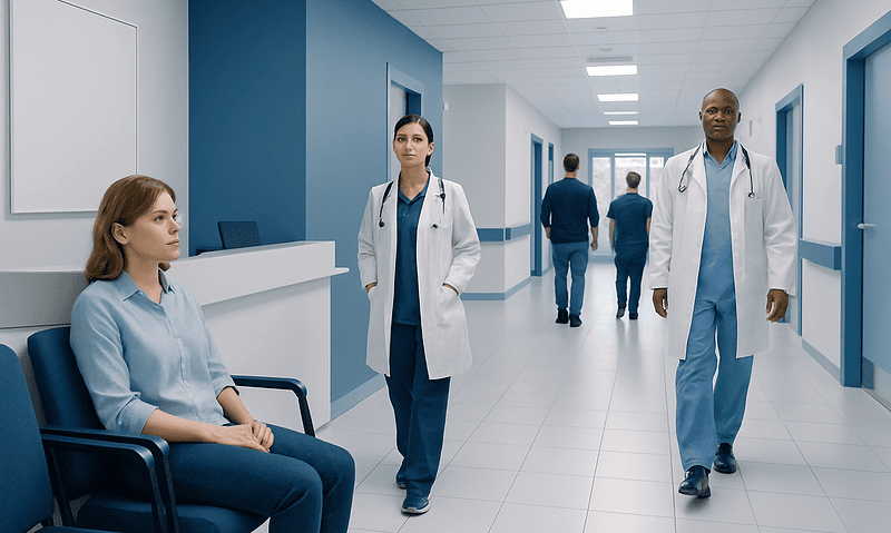 Medical staff and patient in hospital corridor at Acibadem Hospitals Group.