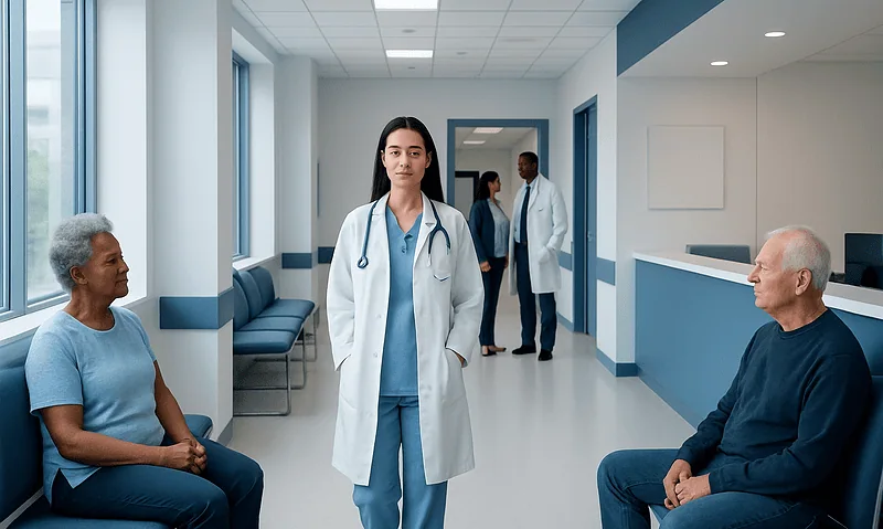 Doctor consulting elderly patients in hospital corridor.