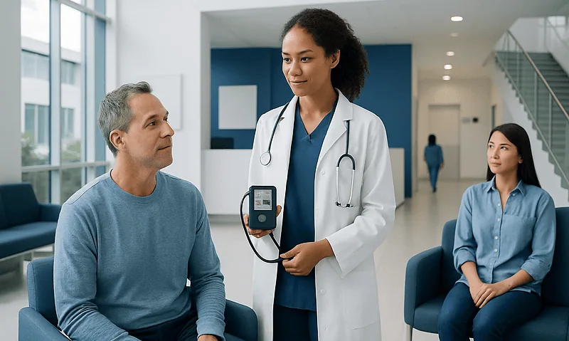 Doctor showing blood pressure monitor to patient in hospital.