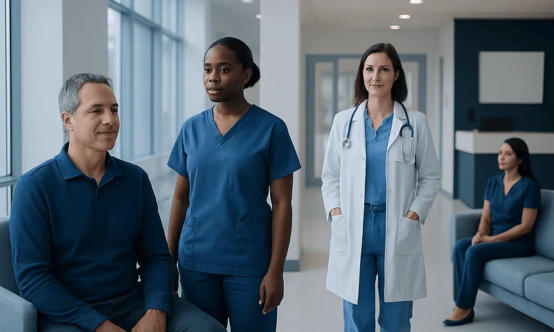 Medical team consulting with patient in hospital setting.