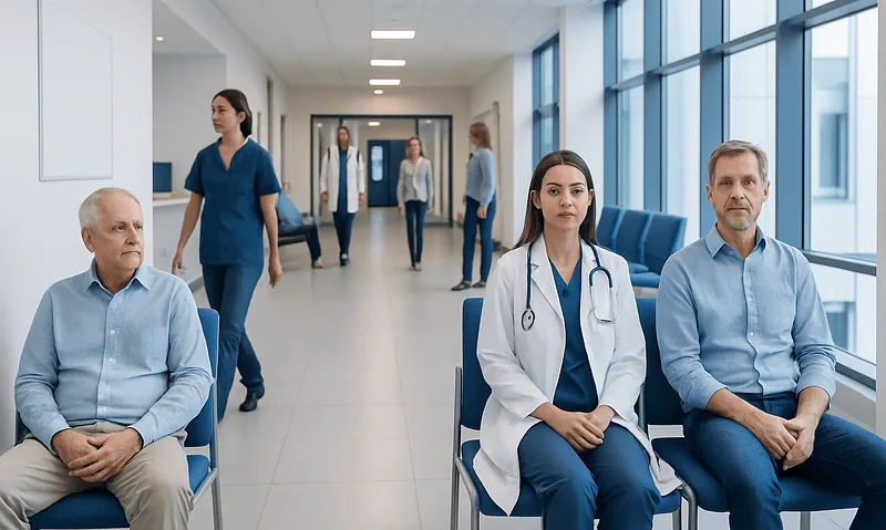 Medical professionals and patients in a hospital corridor at Acibadem Hospitals Group.