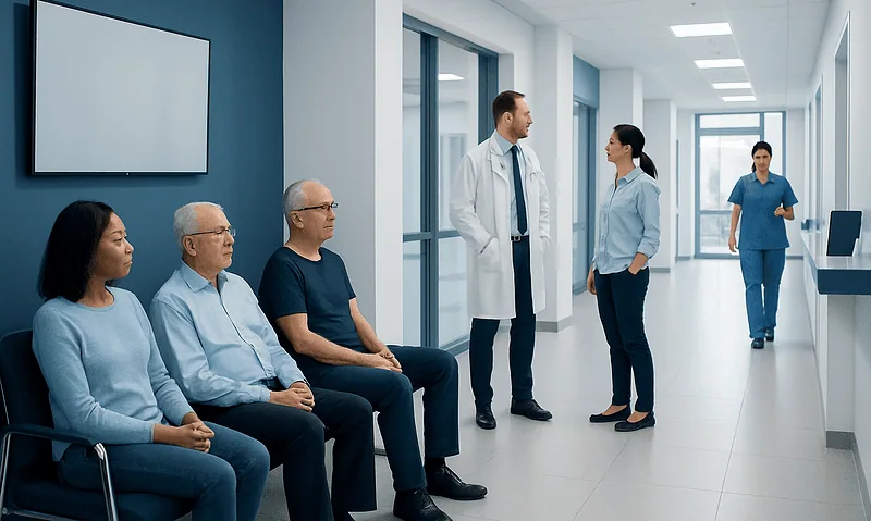 Doctors and patients in a hospital corridor at Acibadem Hospitals Group.