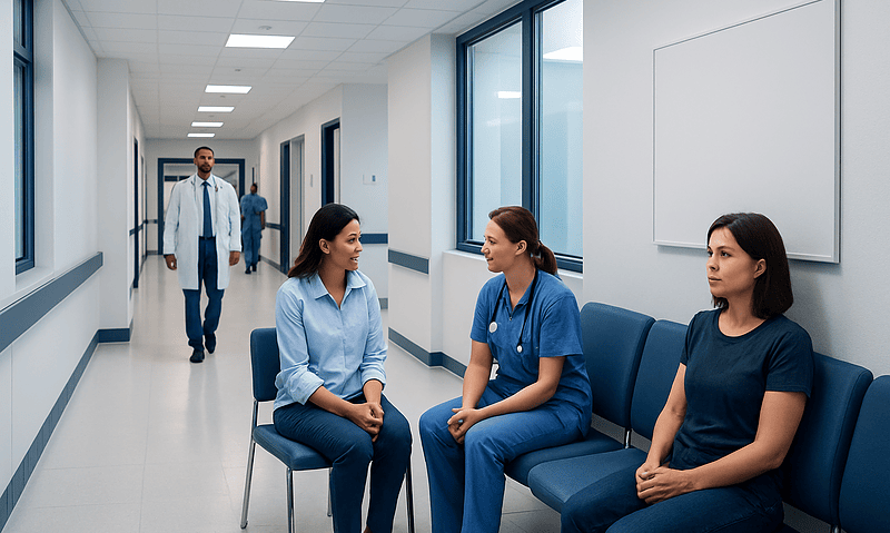 Healthcare professionals waiting in a hospital corridor with a doctor approaching.