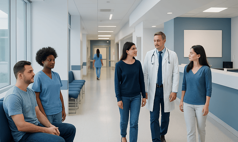 Medical team consulting with patients in a hospital corridor.