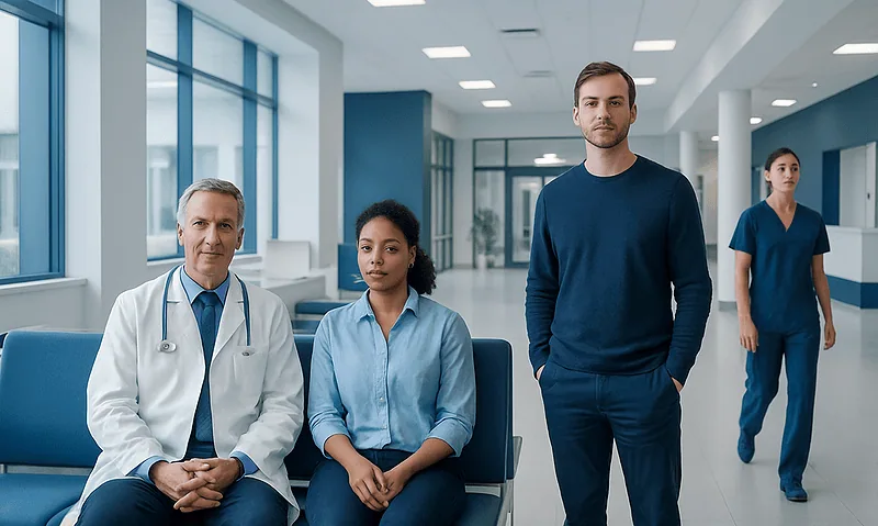 Medical team in hospital waiting area with doctor and nurses.