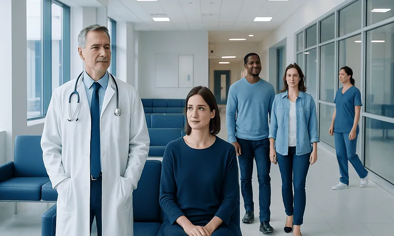 Doctor with patients in hospital corridor at Acibadem Hospitals Group.