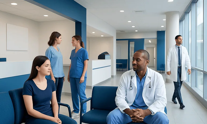Medical professionals and patients in a modern hospital corridor.