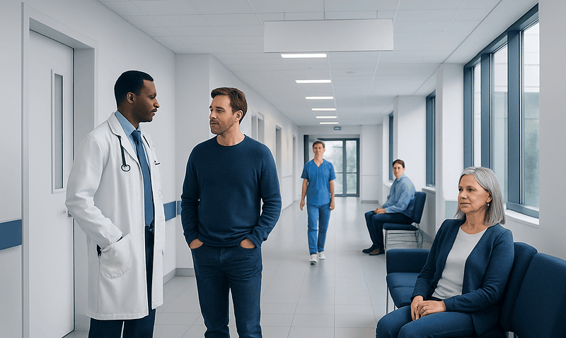 Doctor talking to patient in hospital corridor with waiting patients nearby.