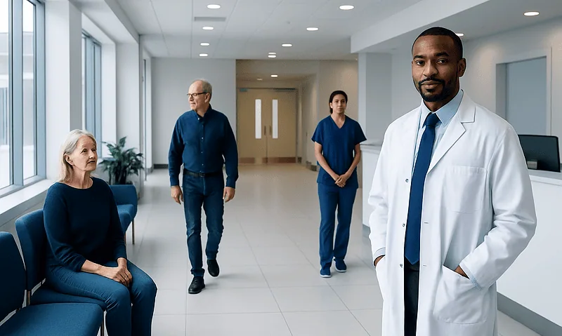 Medical consultation in a modern hospital with diverse healthcare professionals.