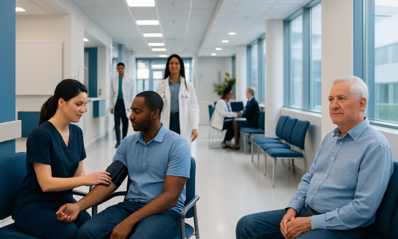 Healthcare professional measuring blood pressure of a patient in a hospital corridor.