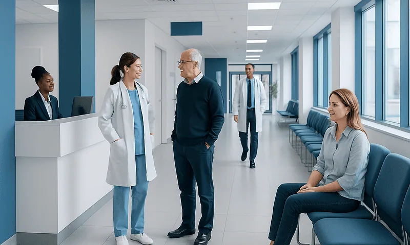 Healthcare professionals and patient in hospital corridor.