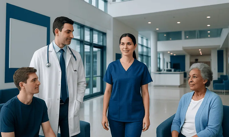 Healthcare professionals consulting with elderly patient in hospital lobby.