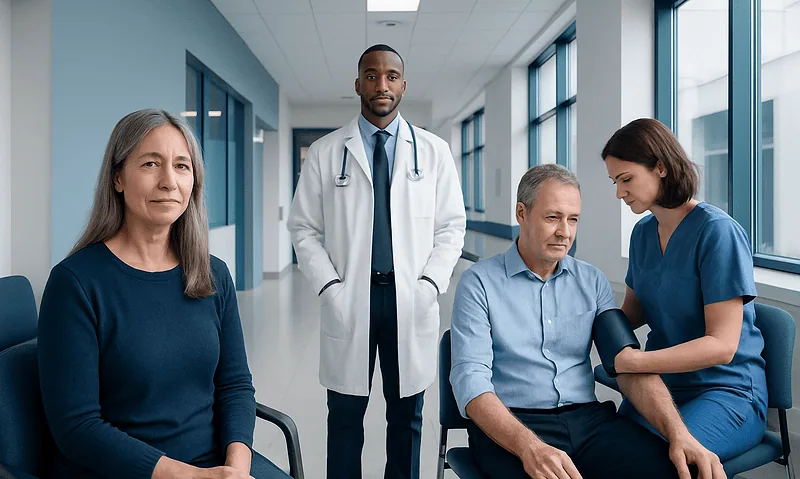 Medical professionals measuring blood pressure in a hospital corridor.