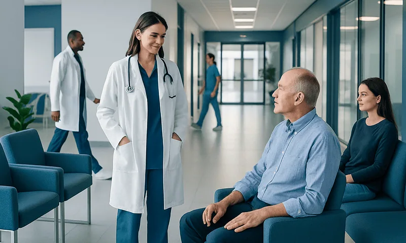 Doctor consulting with patient in hospital corridor.