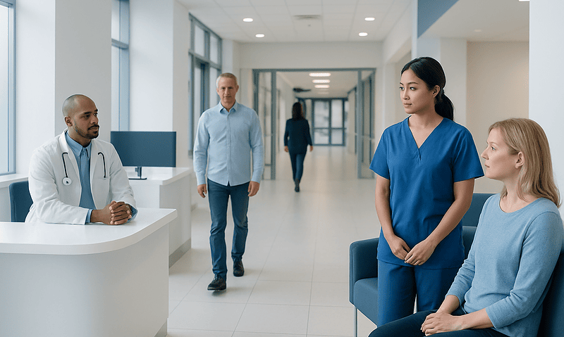 Healthcare professionals consulting with a patient in a hospital corridor.