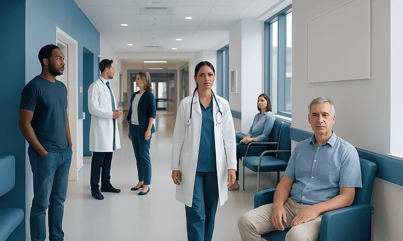Healthcare professionals and patients in a hospital corridor.
