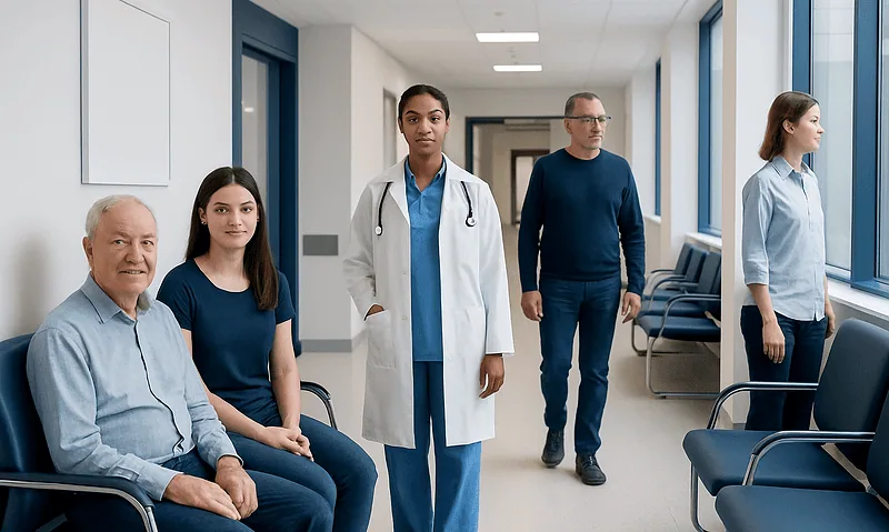 Diverse medical team in hospital corridor ready for patient care.