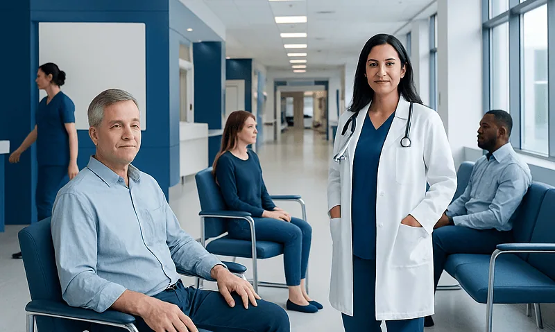 Healthcare professional with patients in a modern hospital corridor.