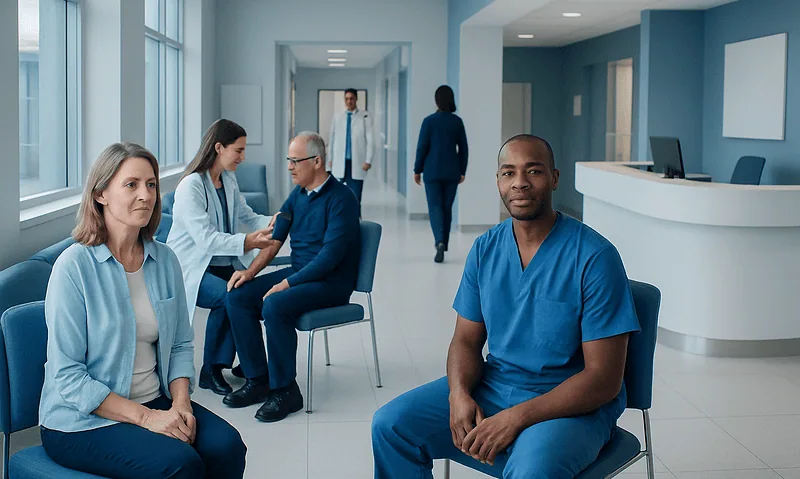 Medical professionals and patients in a hospital waiting area.