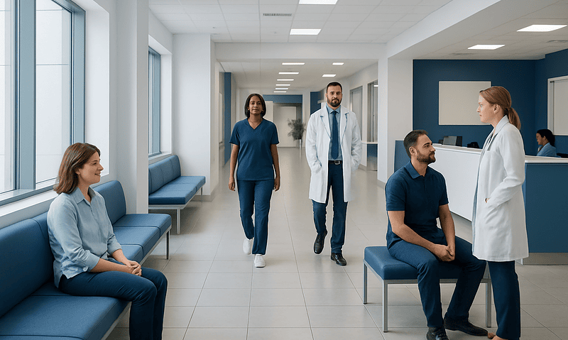 Medical consultation in a modern hospital corridor with patients and doctors.