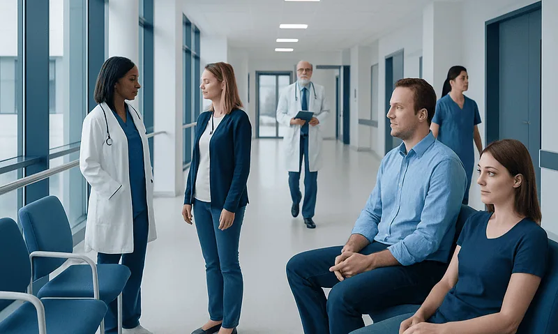 Medical team consulting patients in hospital corridor.