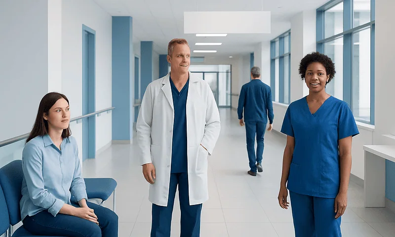 Healthcare professionals in a hospital corridor engaging in conversation.