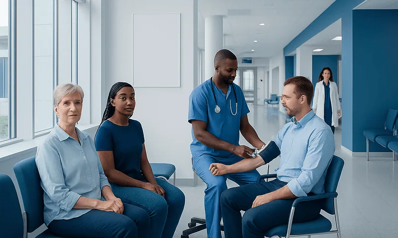 Doctor checking blood pressure of a patient in a hospital corridor.
