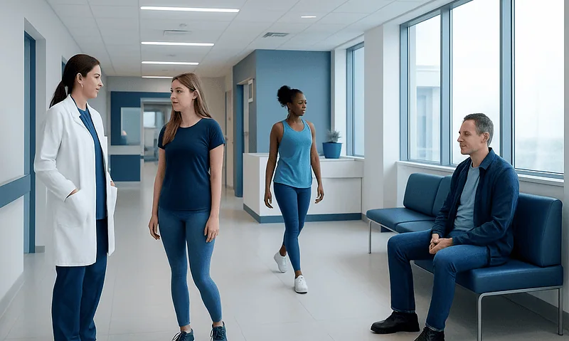 Patients and doctor in a hospital corridor at Acibadem Hospitals Group.