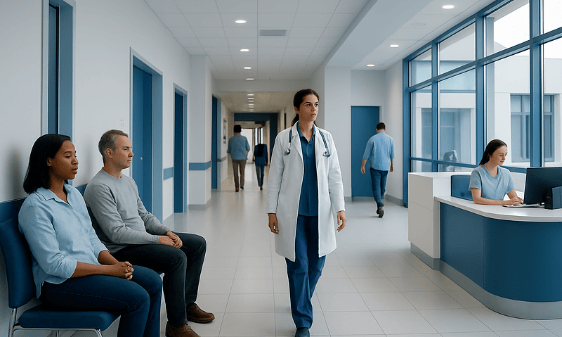 Healthcare professionals and patients in a modern hospital corridor.