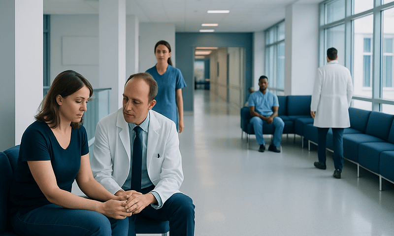 Doctor comforting a patient in a hospital corridor with other staff in the background.