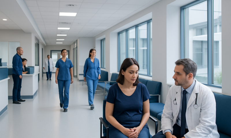 Doctor consulting with a pregnant woman in a hospital corridor.