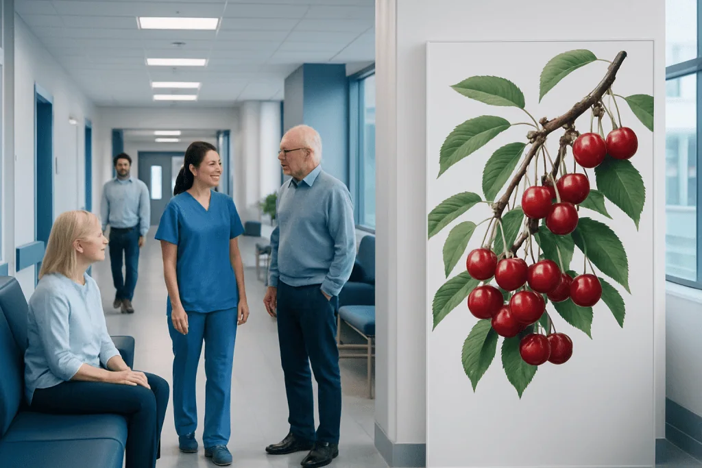 Cherry Tree with Cherries: What Patients Need to Know 1 Hospital corridor with patients and staff, cherry tree artwork on the wall.