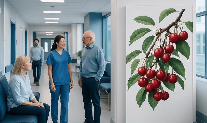 Hospital corridor with patients and staff, cherry tree artwork on the wall.