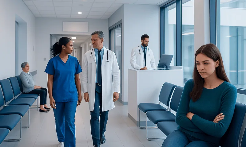 Hospital corridor with medical staff and patients in a modern healthcare facility.