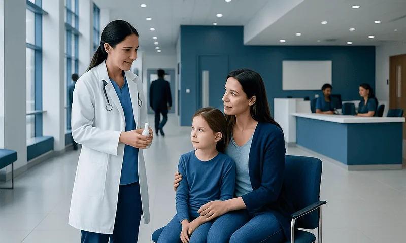 Doctor talking to mother and daughter in hospital waiting area.