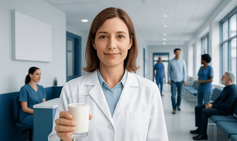 Doctor holding a glass of milk in a hospital corridor.