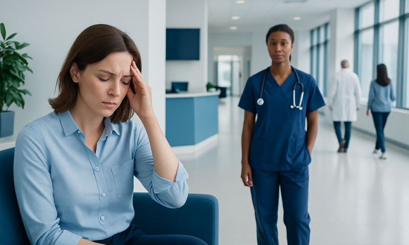 Patient experiencing headache in a hospital corridor with medical staff nearby.
