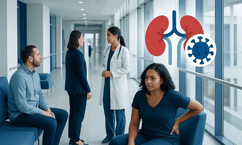 Kidney Infection Infectious: Symptoms, Causes, and Treatment Options 9 Patients and doctor discussing kidney infection symptoms in hospital corridor.